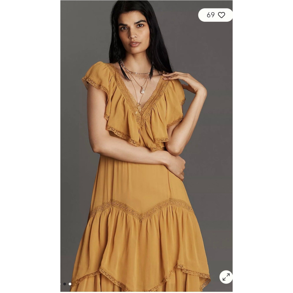 Anthropologie|Golden Mustard Ruffle Boho Midi Dress | Romantic Flowy | Med & Lg - Picture 4 of 5